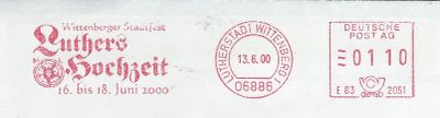 13.06.2000 Werbe- Maschinenstempel Lutherstadt Wittenberg Wittenberger Stadtfest "Luthers Hochzeit" 16. bis 18 Juni 2000