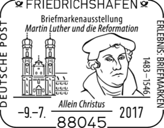 Luther Briefmarken, Martin Luther, Friedrichshafen " 500 Jahre Reformation - Luther" Stempelnummer 12 168 Stempelnummer 13 179, Stempelnummer: 12/168, Schloss und Schlosskirche, Portr&auml;t von Martin Luther,
